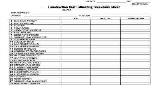 Construction Cost Estimating Breakdown Sheet