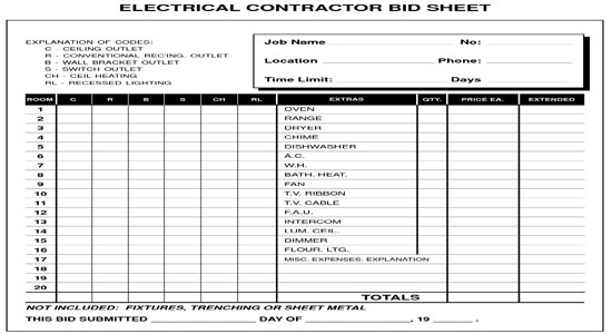 Electrical Contractor Bid Sheet