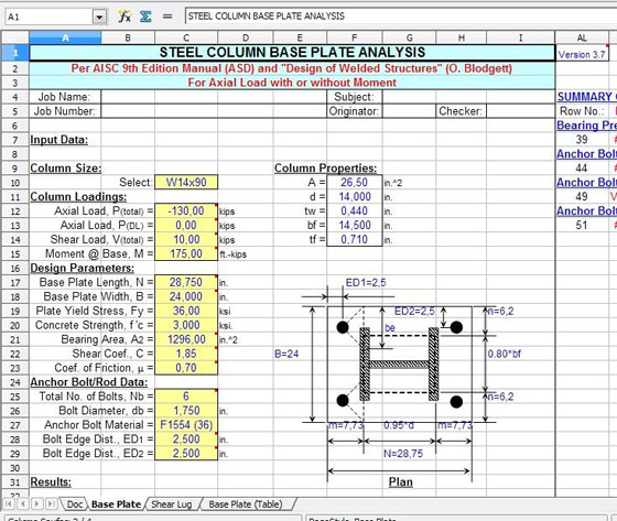 Steel column base plate analysis Spreadsheet
